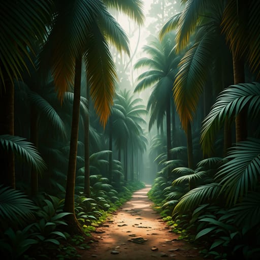 dense tropical forest with palm trees and a narrow dirt path