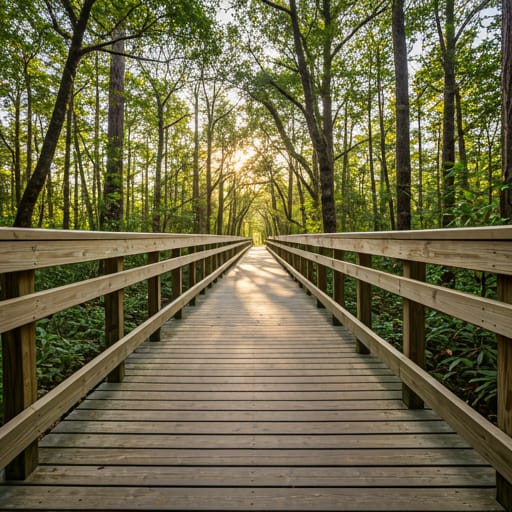 a low angle shot of a clean modern wooden boardwalk path disappearing into a sun-drenched oak hammock forest