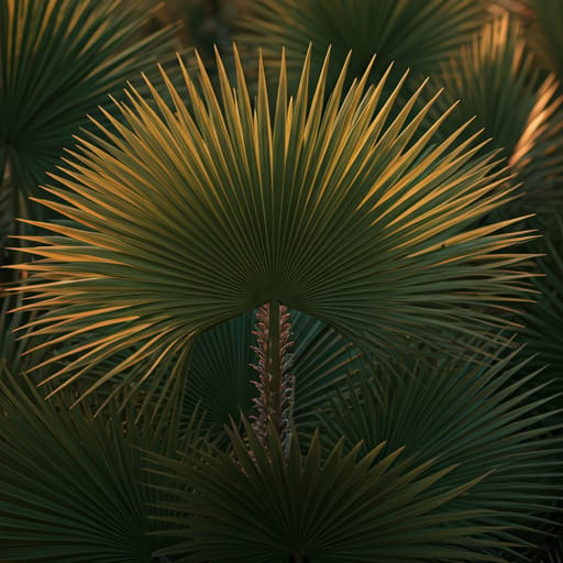 A highly detailed close-up of native Florida saw palmettos and pine needles catching the late afternoon light. The depth of field is shallow, emphasizing the textures of the foliage. The color palette is earthy and sophisticated, focusing on the signature primary green and warm tertiary tones of the design system.