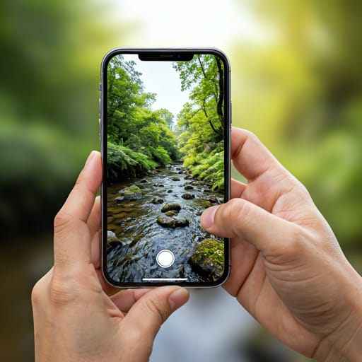 hand holding a mobile device showing a high resolution 360 degree video of a lush river trail