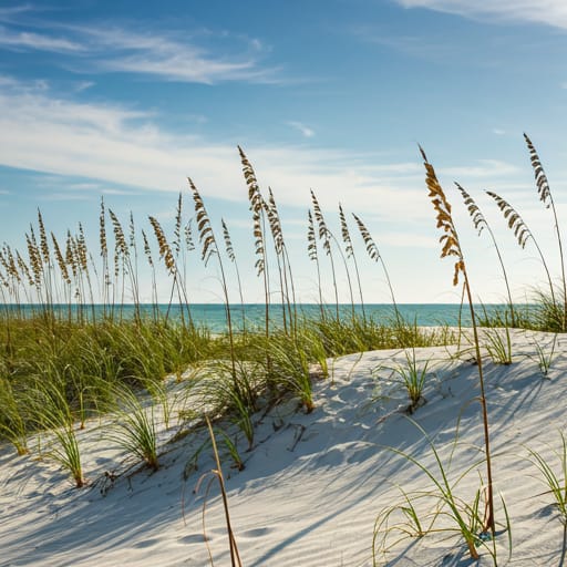 A pristine, wide Florida beach with white sand dunes and sea oats swaying in a gentle Gulf breeze. The sky is a vast expanse of pale blue with soft, wispy clouds. The lighting is high-key and bright, emphasizing a clean and modern aesthetic. The palette is dominated by sandy beige and ocean blues, reflecting a premium coastal curation style.