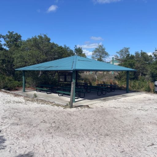 Covered picnic pavilion beside the sandy trails at Lyonia Preserve.