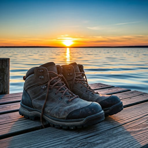 a pair of well-worn hiking boots resting on a sun-bleached wooden dock overlooking a calm blue lake at sunset
