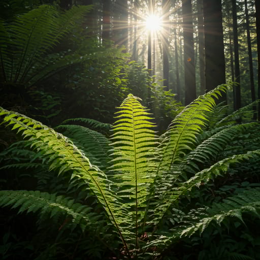 sunlight streaming through a dense green forest canopy highlighting vibrant fern leaves on the forest floor