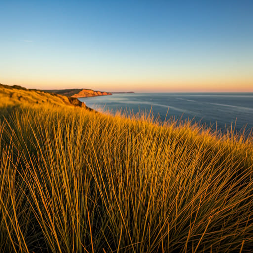 golden hour light hitting a grassy coastal bluff overlooking the sea