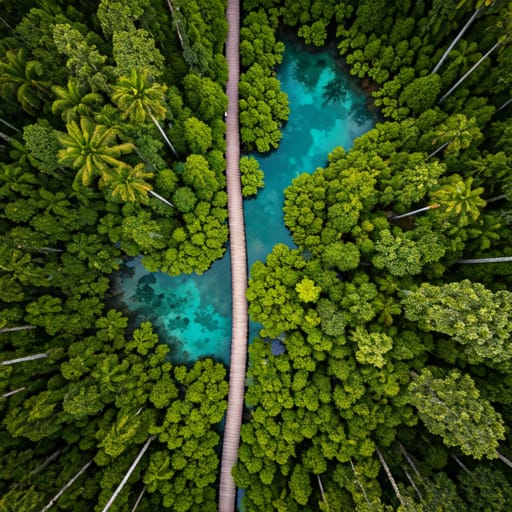 aerial view of a winding boardwalk through dense tropical forest with vibrant green canopy and clear blue water patches