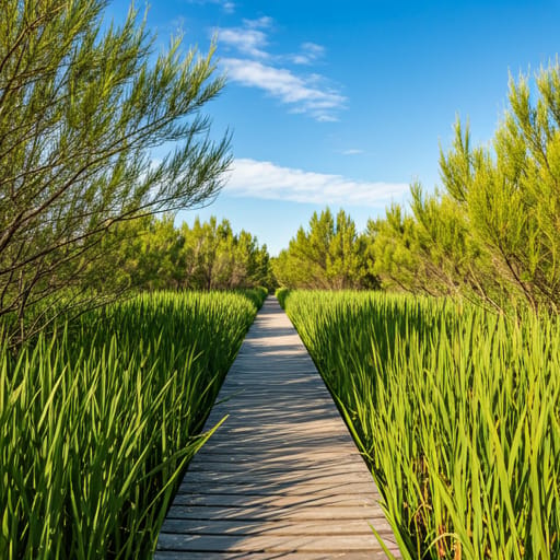 lush green wetlands with a wooden boardwalk disappearing into the distance